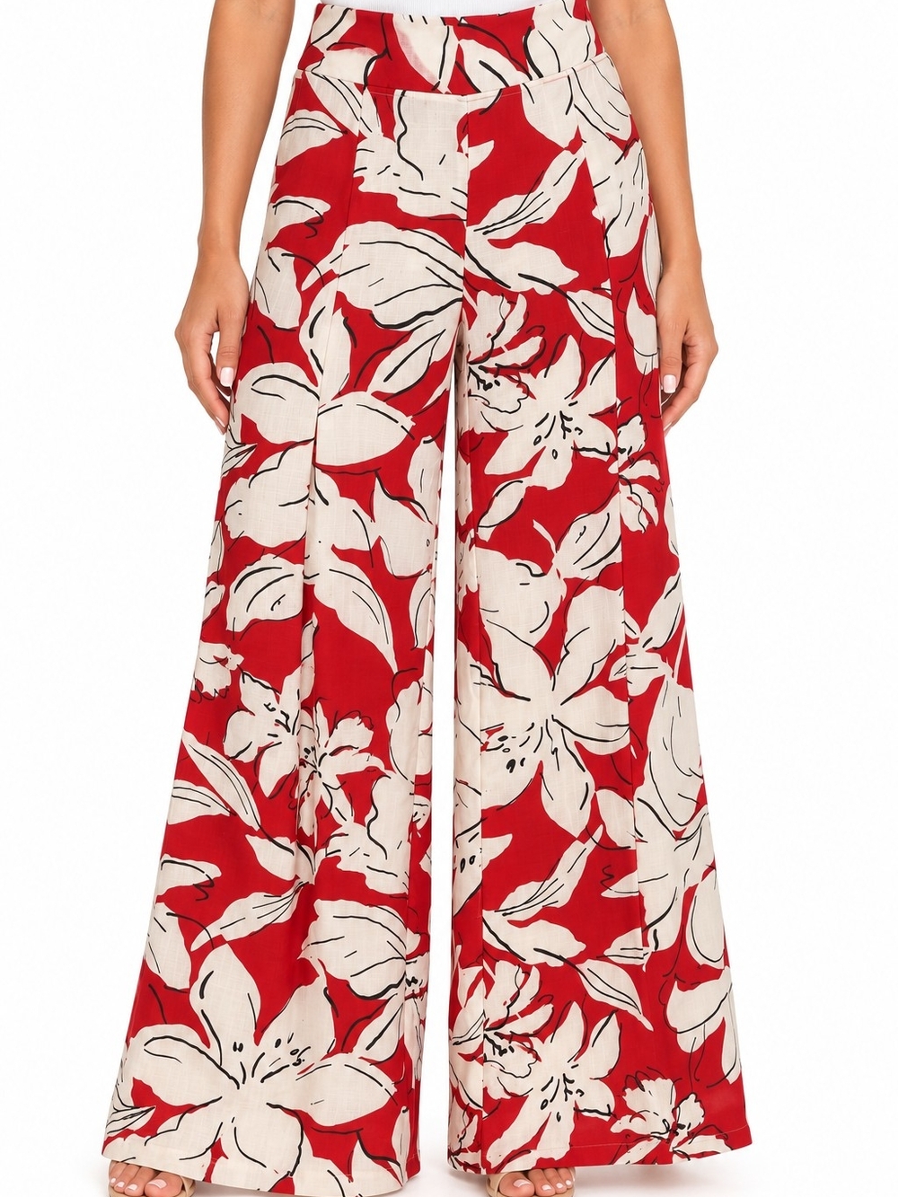 Haute Monde Red and Cream Floral Wide Leg Pants